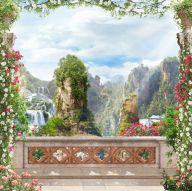 Фреска Балкон с цветами и водопад