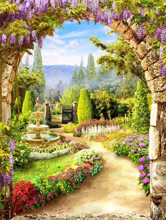 Картина на холсте сад с фонтаном, арт hd0901101