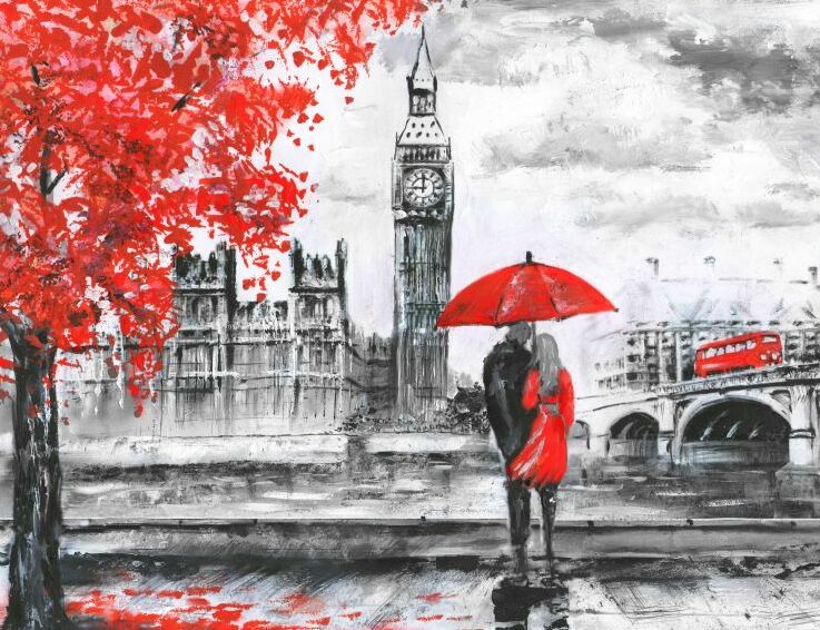 Картина на холсте Влюбленные с красным зонтом в Лондоне, арт hd0809801